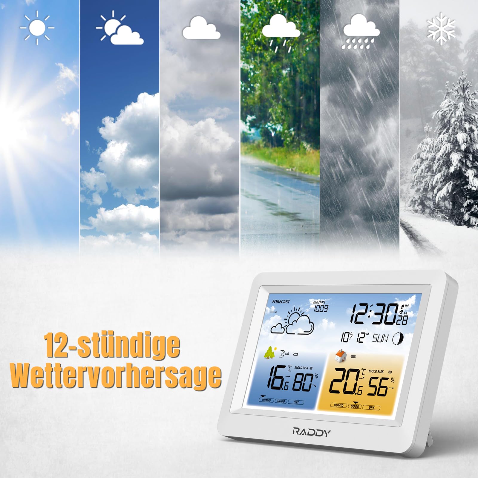 Raddy WM6 Wetterstation funk mit Außensensor Wireless Indoor Outdoor Thermometer Hygrometer Barometer mit eingebautem 2000mAh Akku, DCF-Funkuhr, Wettervorhersage, Schimmelpilzwarnung für Zuhause