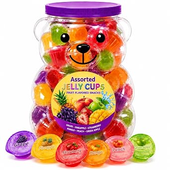 Assorted Jelly Cups Bear Jar, 34 Count Fruit Snacks Kids Variety Pack | 6 Fruity Flavors, Grab-and-Go Convenience, Individually Sealed Portions