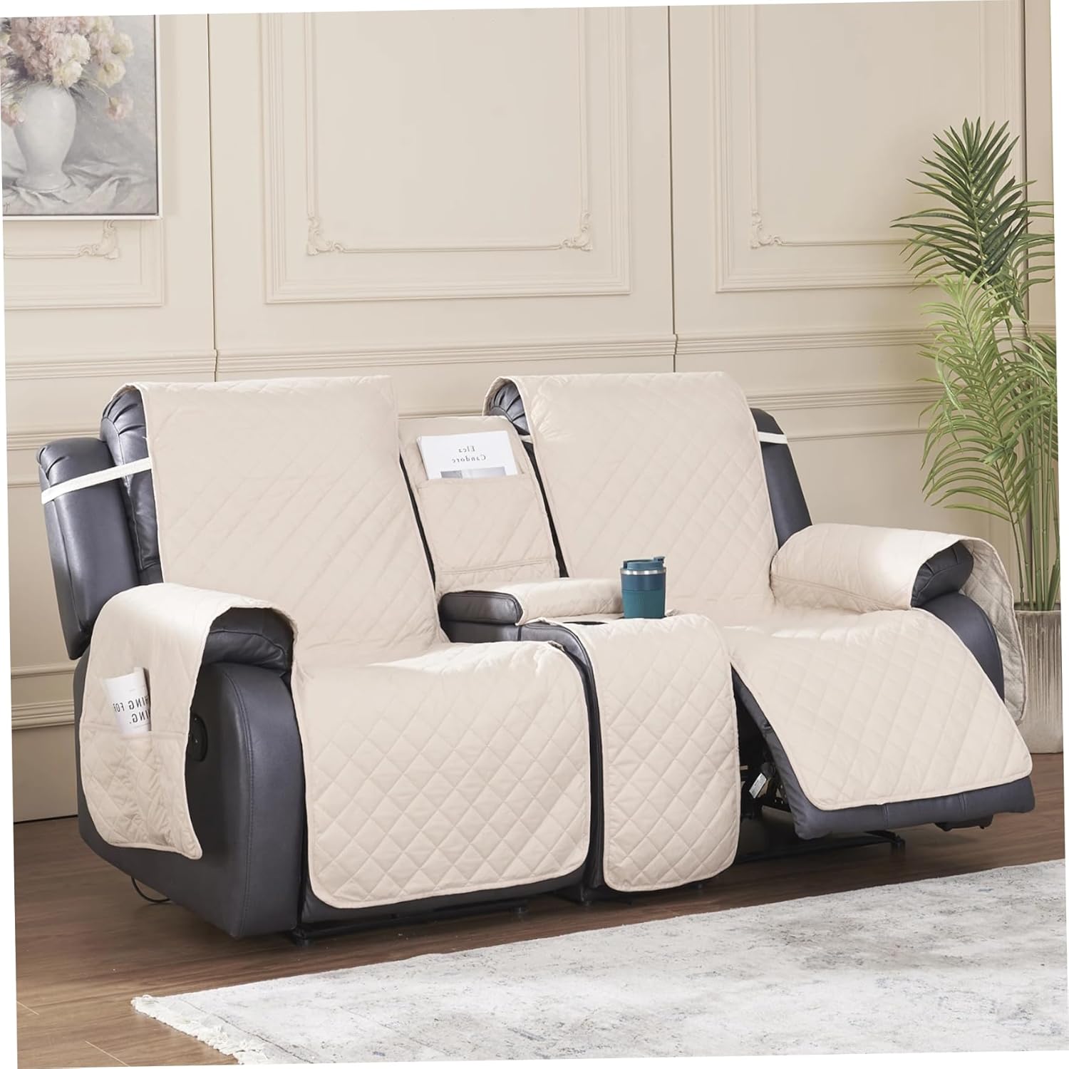Loveseat Recliner Cover with Console Waterproof Non-Slip Recliner Cover with Elastic Straps Sofa for Double Reclining
