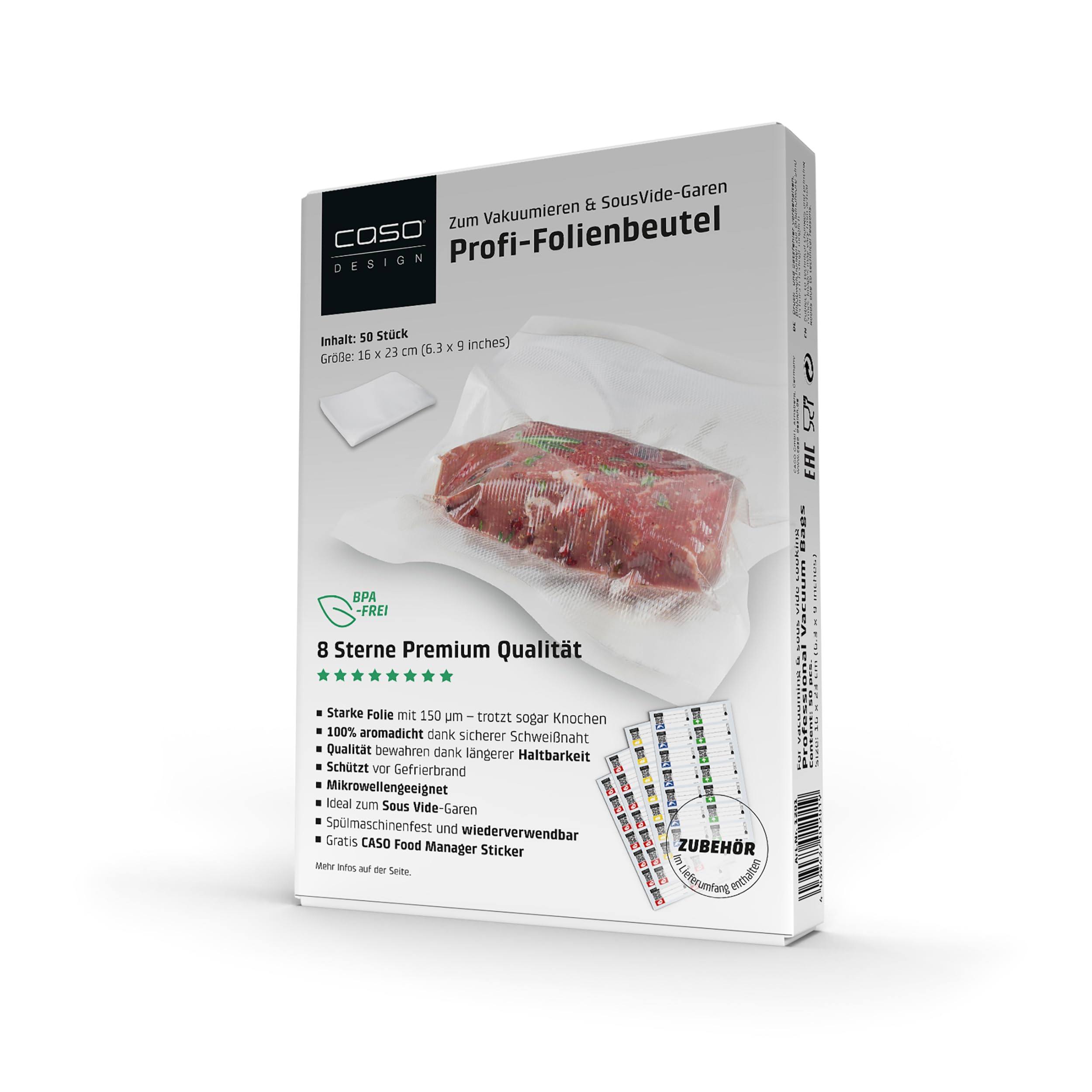 CASO professional foil bag 16x23 cm / 50 bags, for all beams vacuumer, BPA-, very strong & tearproof approx. 150µm, boil-proof, Sous Vide suitable, reusable, suitable for foil welding machines