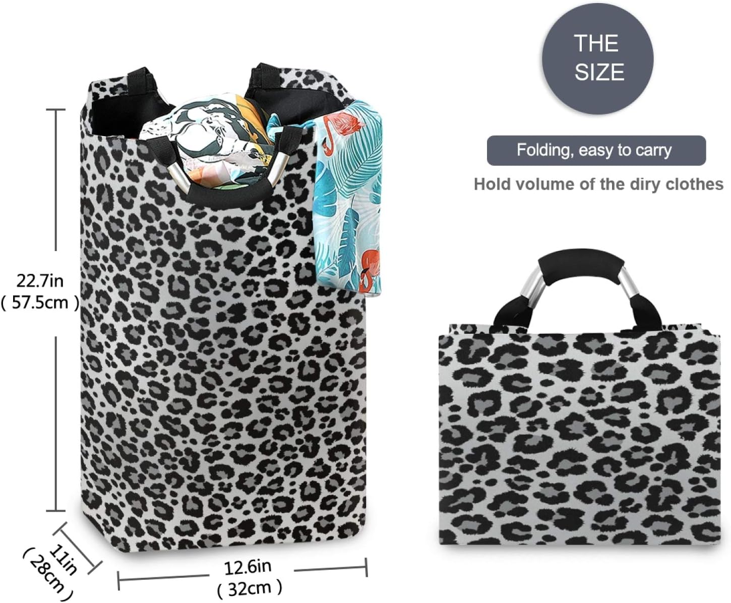 ALAZA Large Laundry Basket Snow Leopard Print Cheetah Gray Laundry Bag Hamper Collapsible Oxford Cloth Stylish Home Storage Bin with Handles, 22.7 Inch