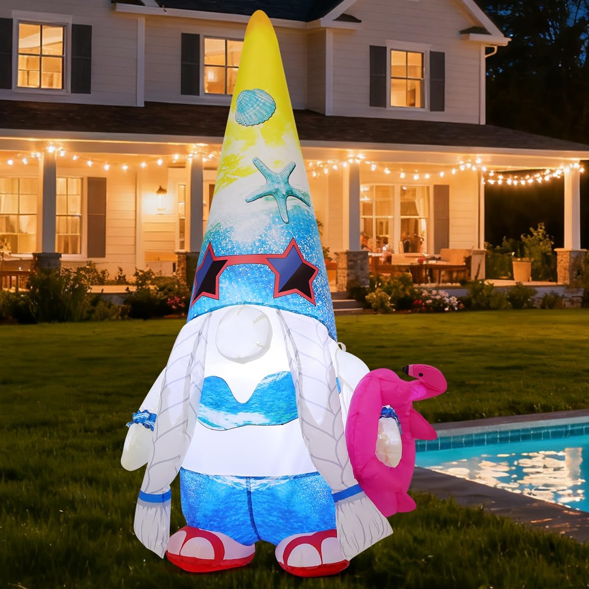 GOOSH 5 FT Summer Inflatables Gnomes Garden Decor with Flamingo, Hawaiian Beach Party Decorations for Yard Tropical Pool Home Porch