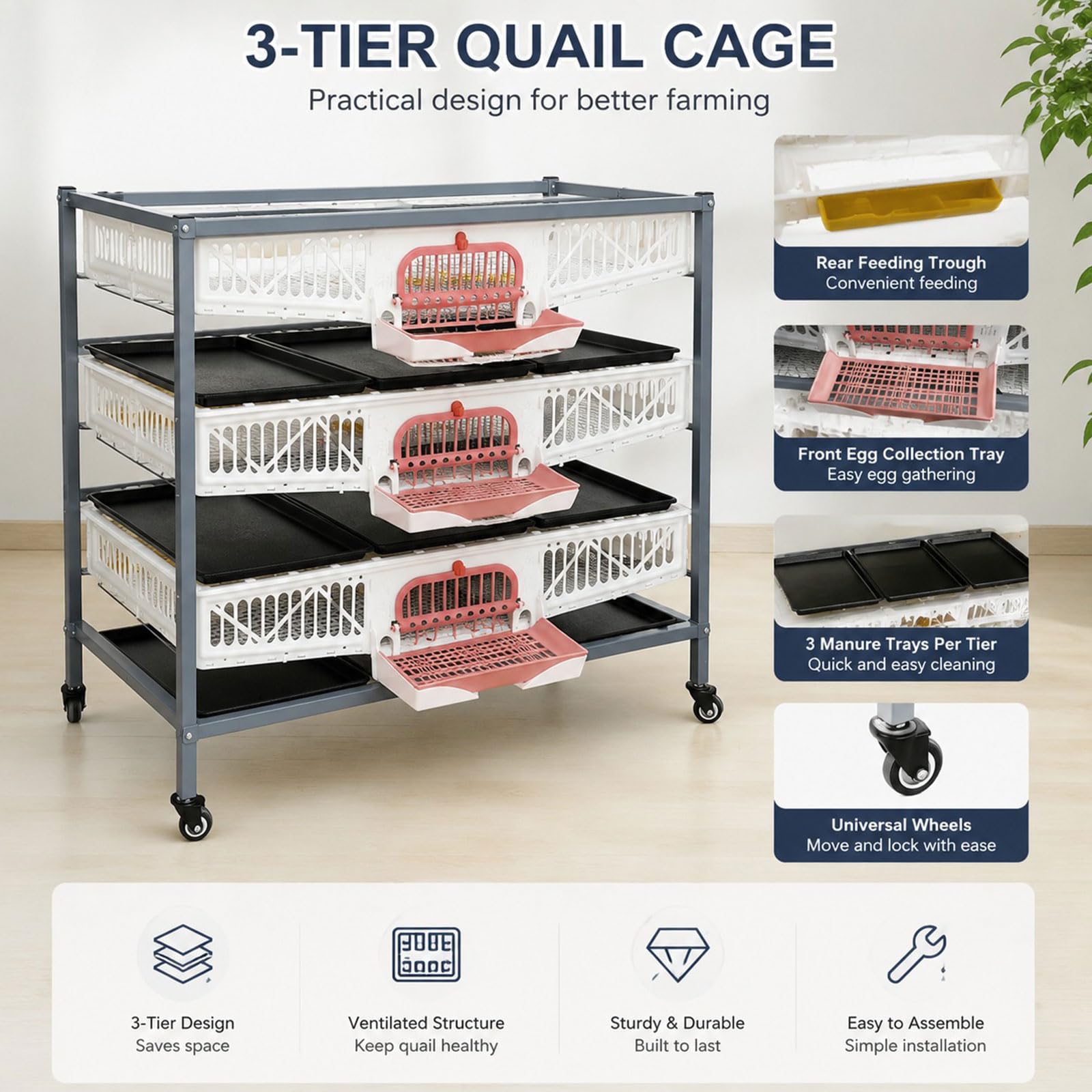 Yinian Jaula de Cría de Codornices Interior Jaula para Codornices Apilable de 3 Capas con Bandeja Recolectora de Estiércol y Comedero para Codornices, Faisanes y Pollitos de Granja Al Aire Libre
