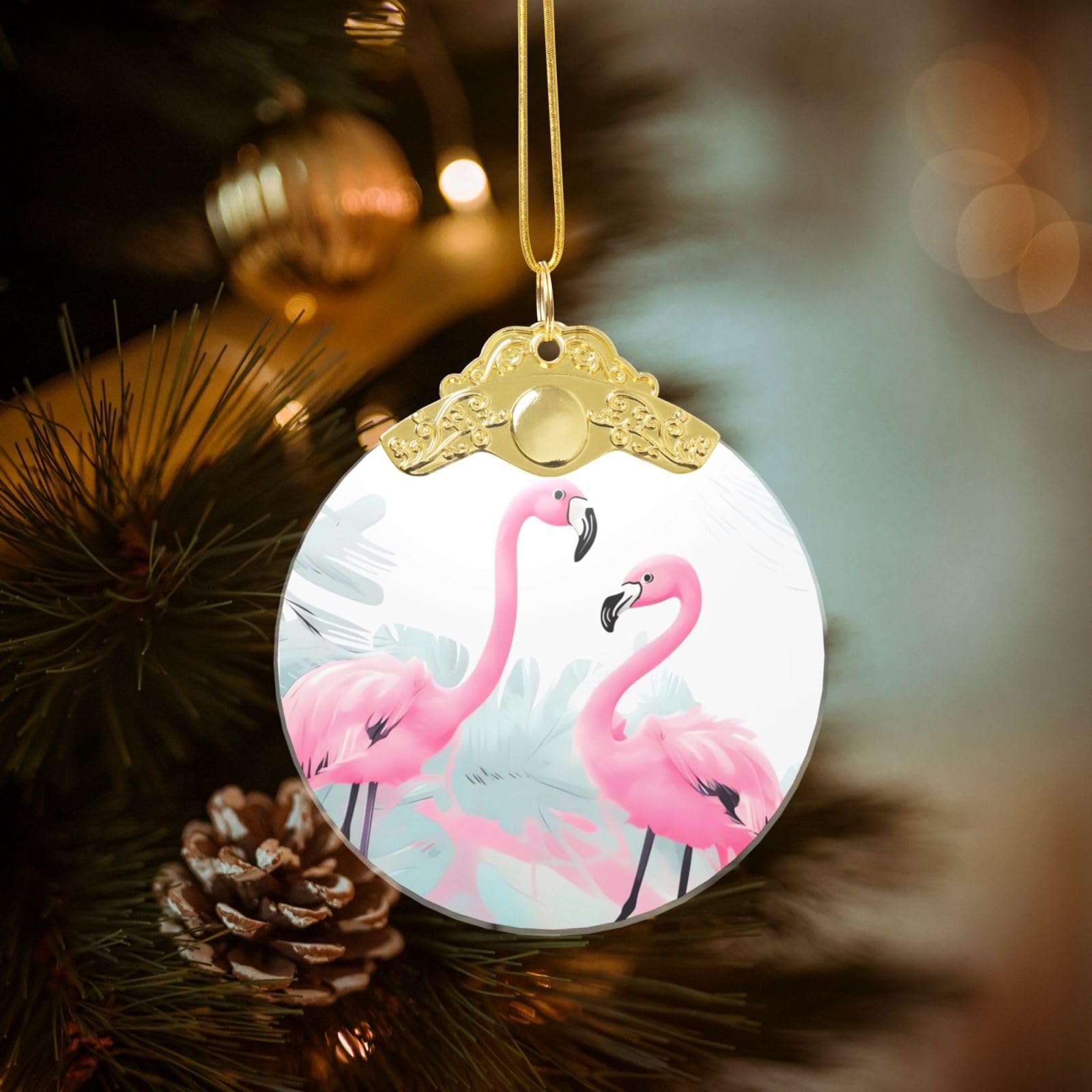 Crystal Christmas Ornaments for Christmas Tree Decoration Hanging Love Flamingo Ornament with Gold Ribbon Crafts Round Pendant for Keepsake Gifts Glass Xmas Decor Party Supplies