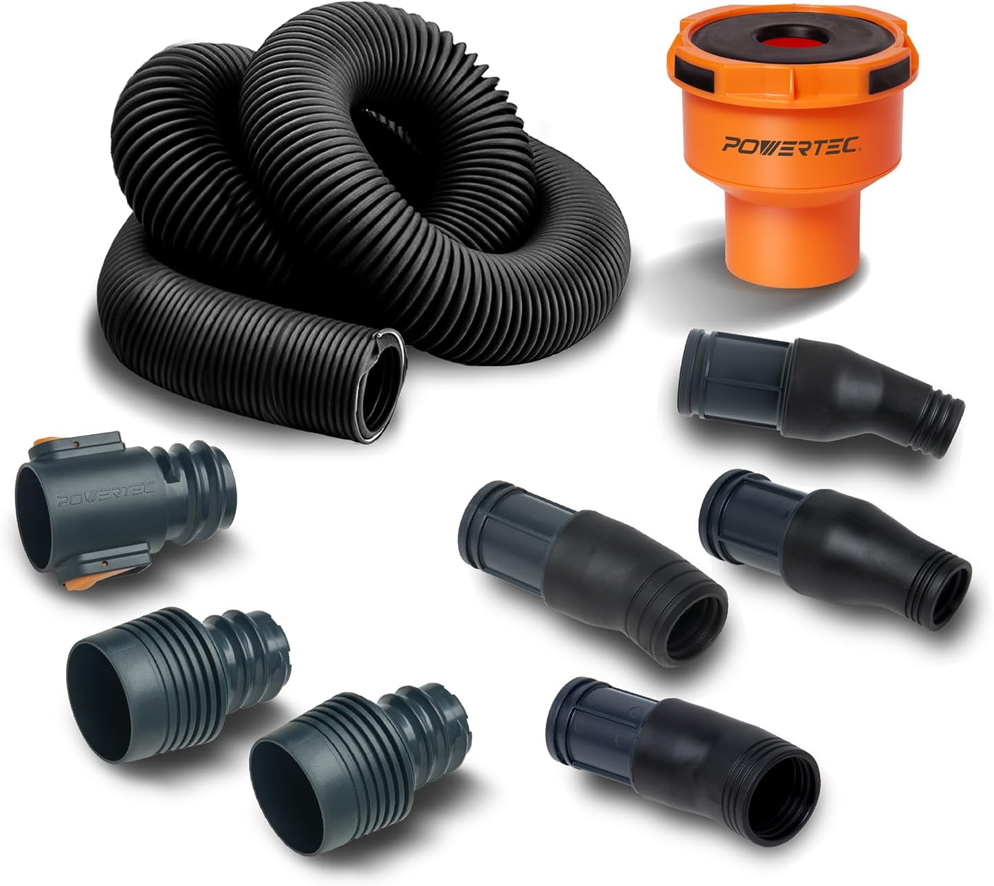 POWERTEC 70512 10 Ft. Vacuum Hose Dust Collection Kit w/ 4 Quick Change Fittings, Tapered Reducers and Quick Connect Dust Port Adapter for Miter Saw, Track Saw, Jigsaw, Orbital Sanders, Woodworking