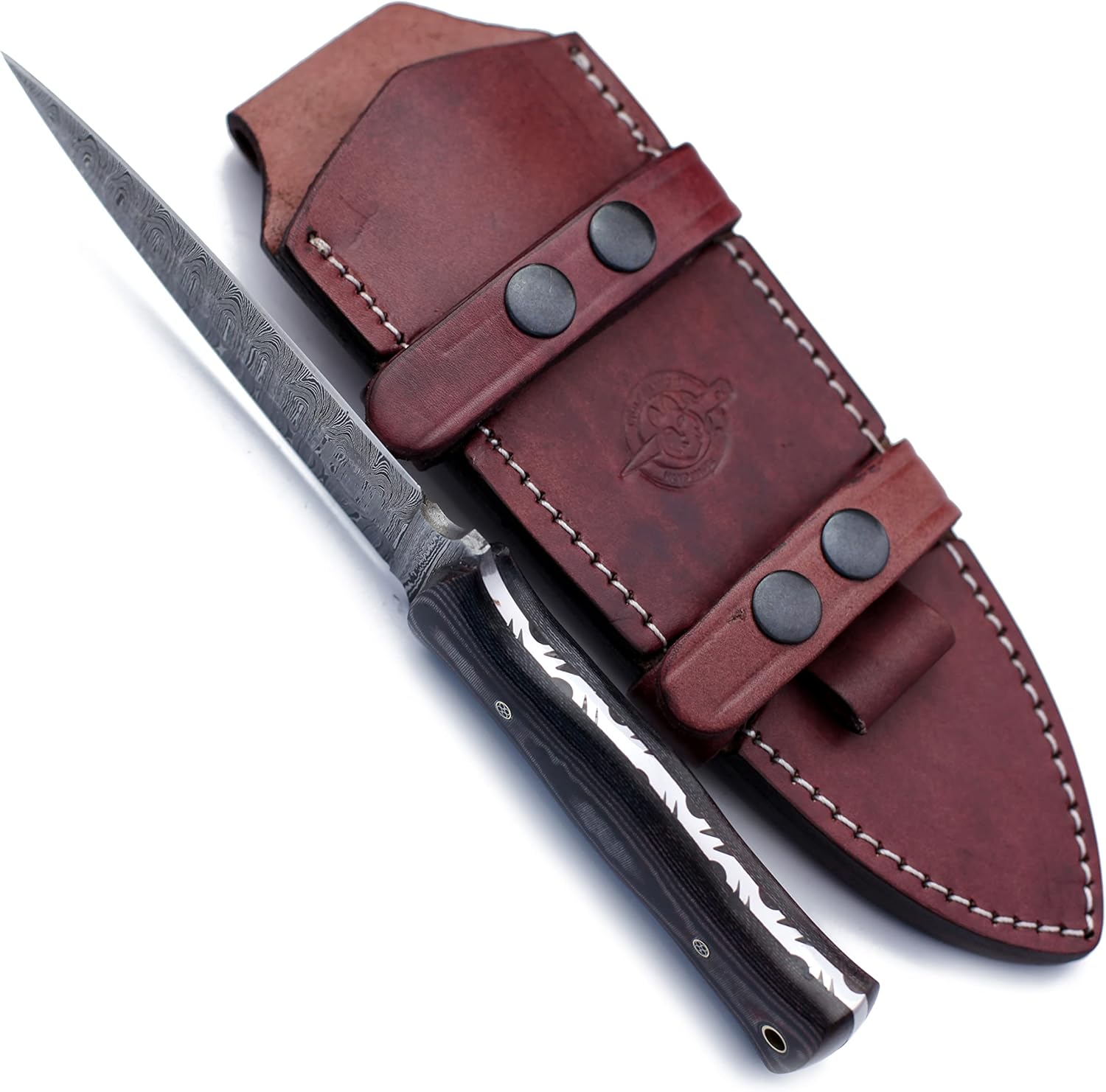 Handmade Damascus Steel Dagger – Ideal for EDC, Hunting, Survival, Camping, and Fishing. Features a Fixed Spear Point Blade, Full Tang Micarta Handle, and Cowhide Leather Sheath