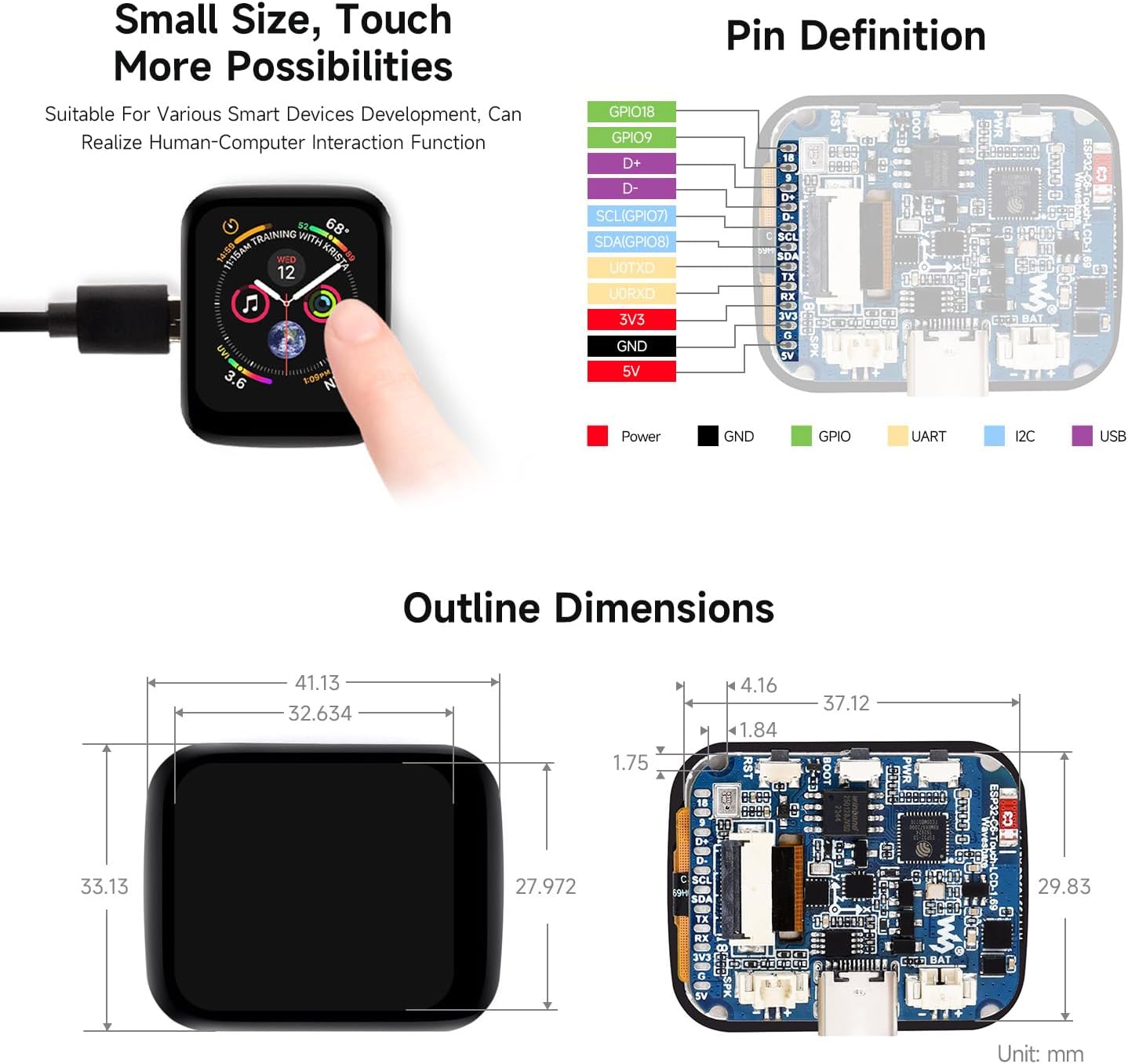 Waveshare ESP32-C6 1.69inch LCD Development Board, 240×280 Pixels, Supports Wi-Fi 6 / BLE 5, 160MHz RISC-V Processor, AI Speech, ESP32 with Display, with Touch Function