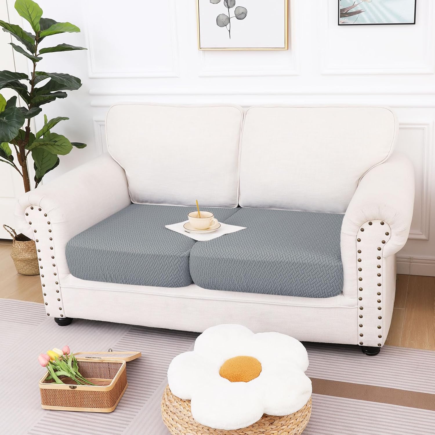 hyha Waterproof Couch Cushion Covers, Wear Resistant Couch Cover, Anti Slip Sofa Slipcovers Washable, Soft Thick Jacquard Furniture Protector for Pets Dog (2 Packs, Light Grey)
