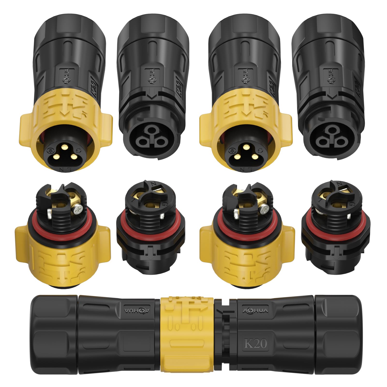 AOHUA 3-Pack K20 IP68 Waterproof 3-Pin Connector - Quick Docking 300V/20A Male/Female Electric Plug Socket for Ø7-11mm Cables, Industrial/Aviation Grade (AH-K20-2003MMZ/FFZ01222-Y)