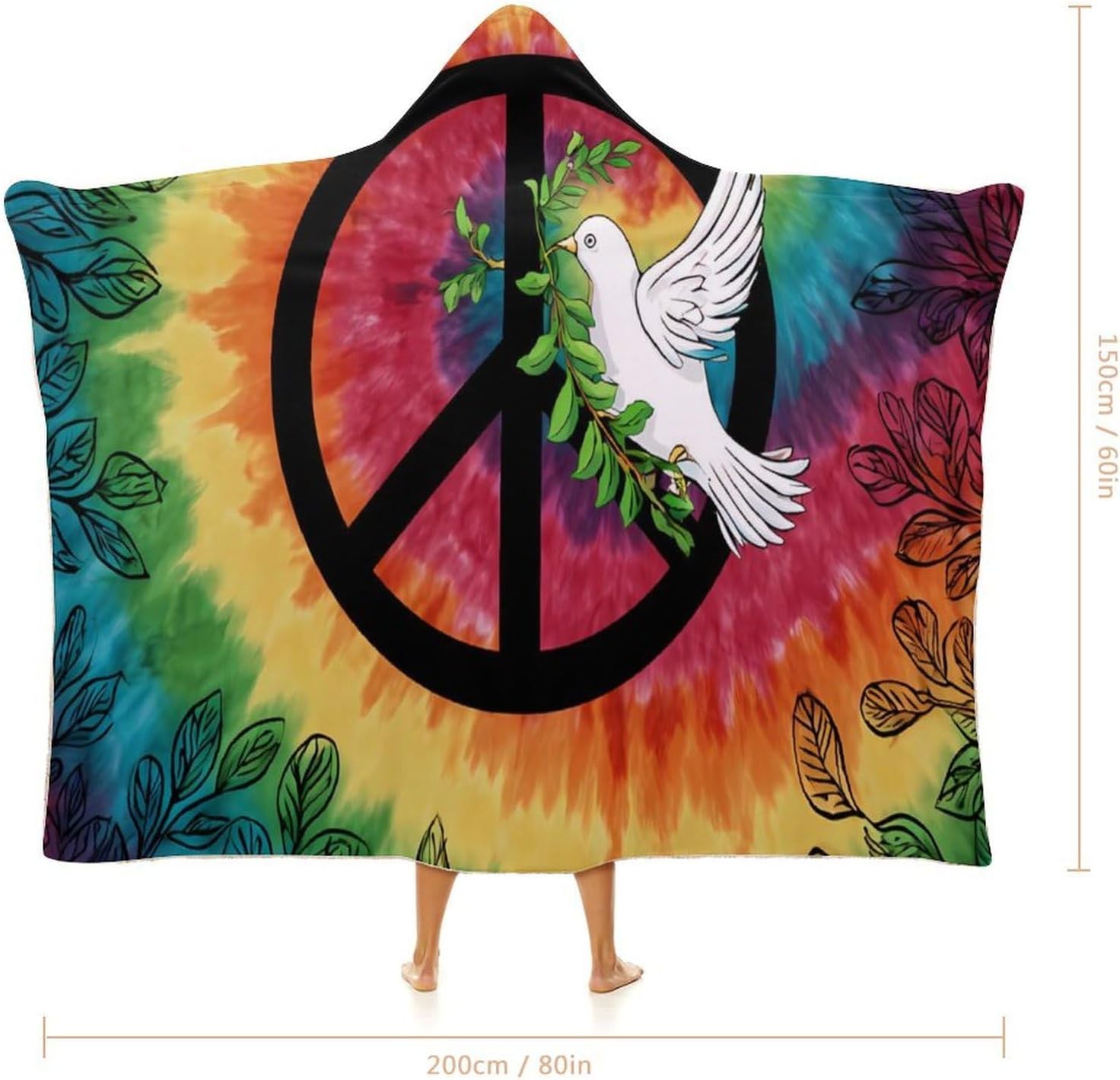 Tie Dye Peace Sign Rainbow Wearable Blanket Oversized Throw Cape | Cozy Hooded Blanket Gifts for Women Men