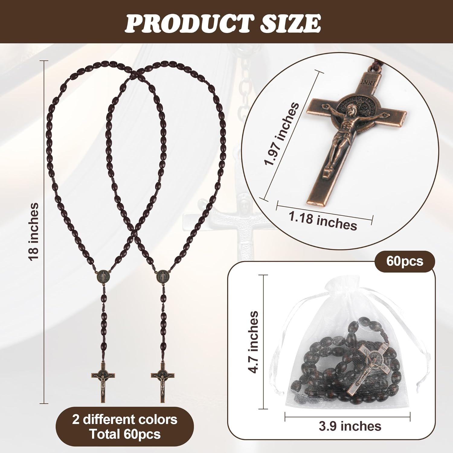 60 Set Wooden Rosary Beads Bulk Wood Rosaries Catholic Beads for Men Women Jesus Holy Crucifix Cross Rosary with Organza First Communion Baptism Favors Religious Christians Church Presen (Dark brown)