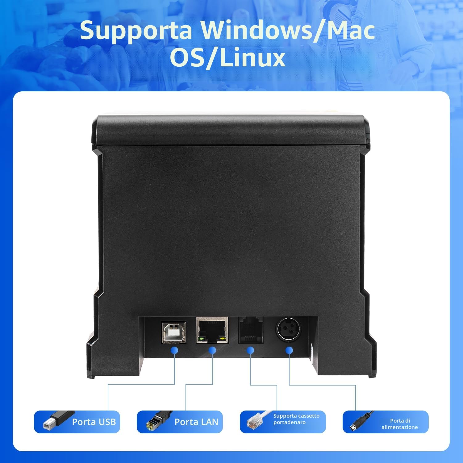 NetumScan Stampante termica per ricevute POS da 80 mm 300 mm/s Stampante termica per ricevute con cassetto automatico per contanti, interfaccia Ethernet USB, supporto Windows/Mac/Linux, stampante da