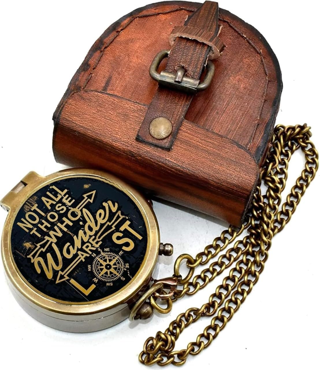 Not All Those Who Wander are Lost” Engraved Brass Compass with Premium Leather Case & Chain - Brass Pocket Compass - Personalized Compass Gift for Hiking, Husband, Him, Son, Graduation Day (IX)