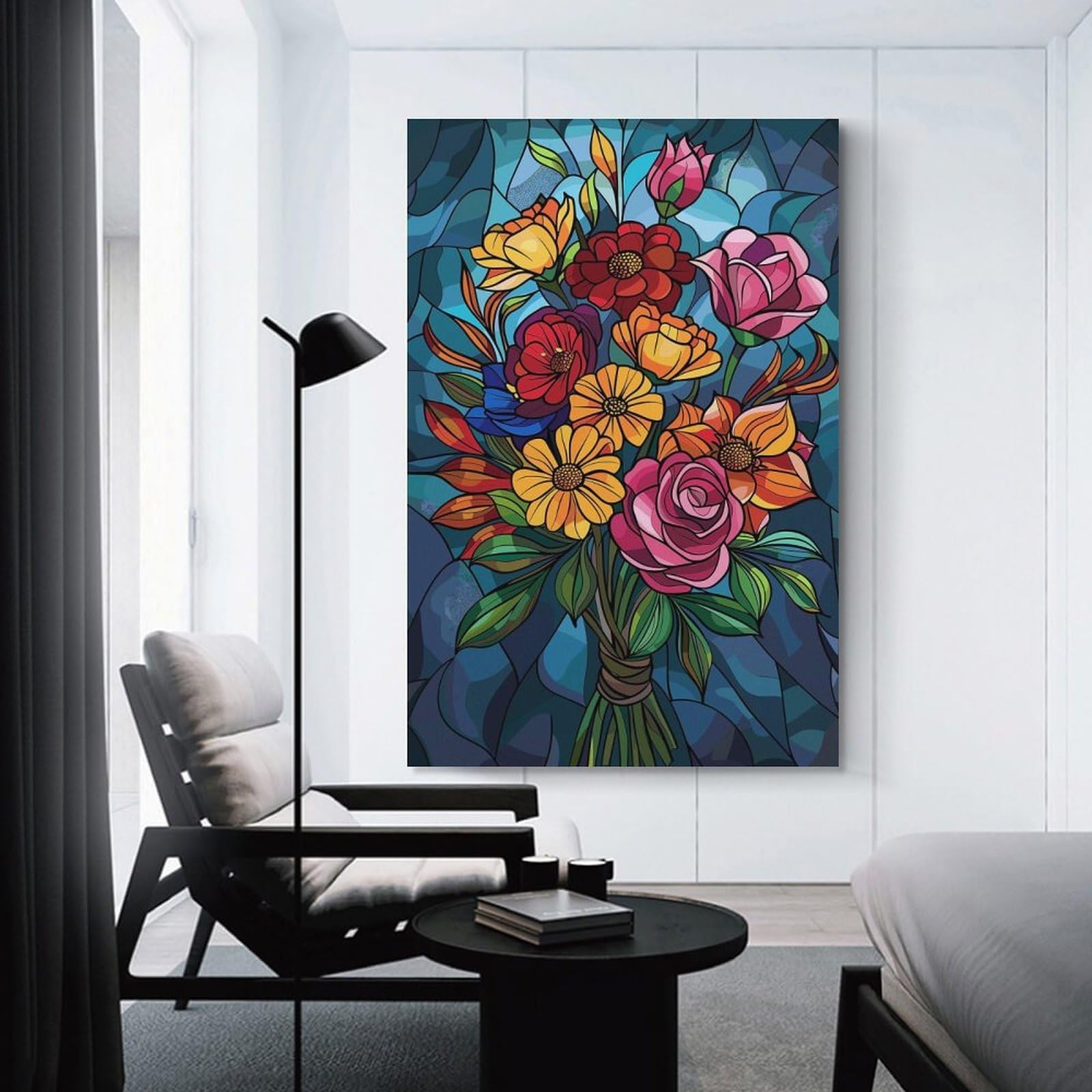 Junmoney Flower Stained Glass Canvas Wall Decor 20x30inch(50x75cm), for Lounge, Bedroom Or Personal Spaces, A Wall Art Gift for Fresh Interiors