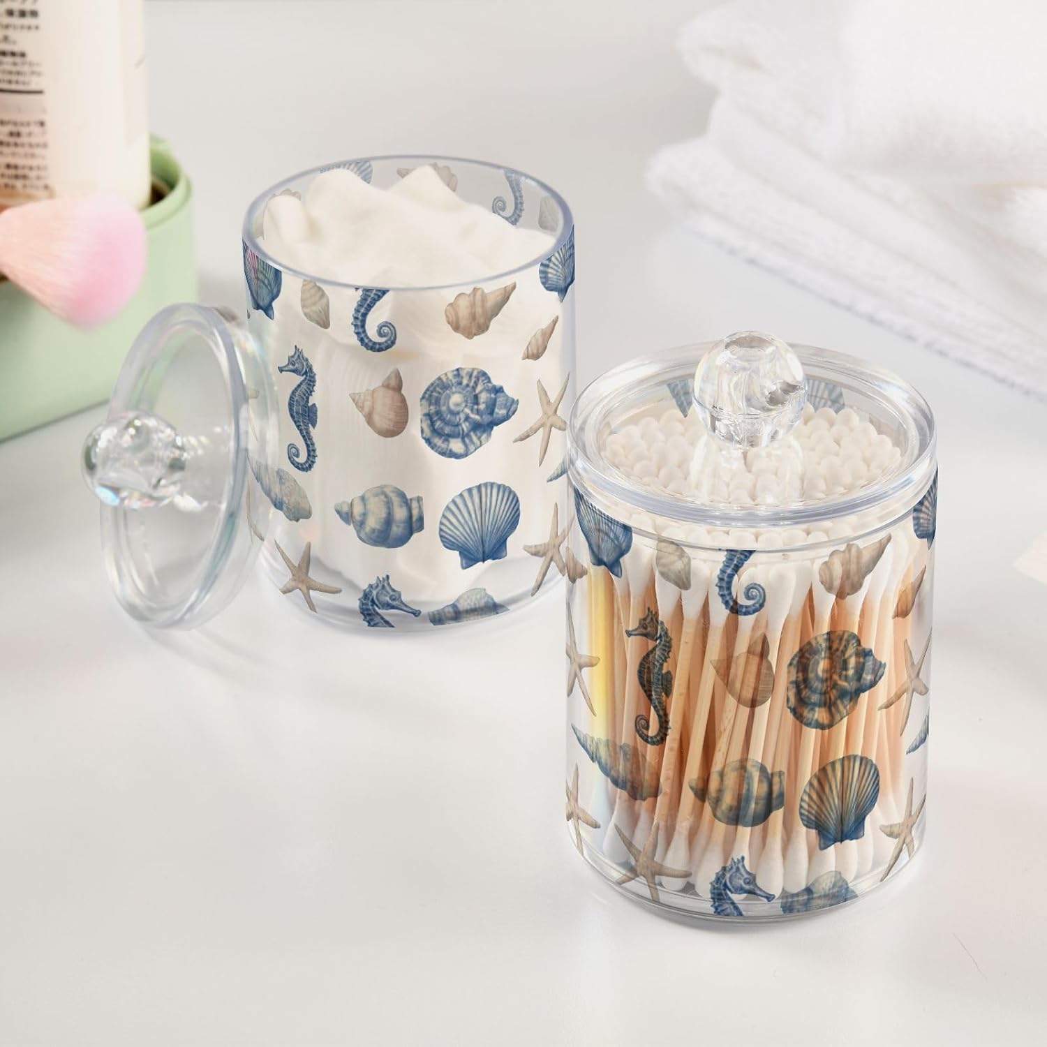 Seashells on Blue Board Qtip Holder Apothecary Jars Bathroom Storage Floss Makeup Organizer for Cotton Ball Swab Acrylic 2 Packs image 5
