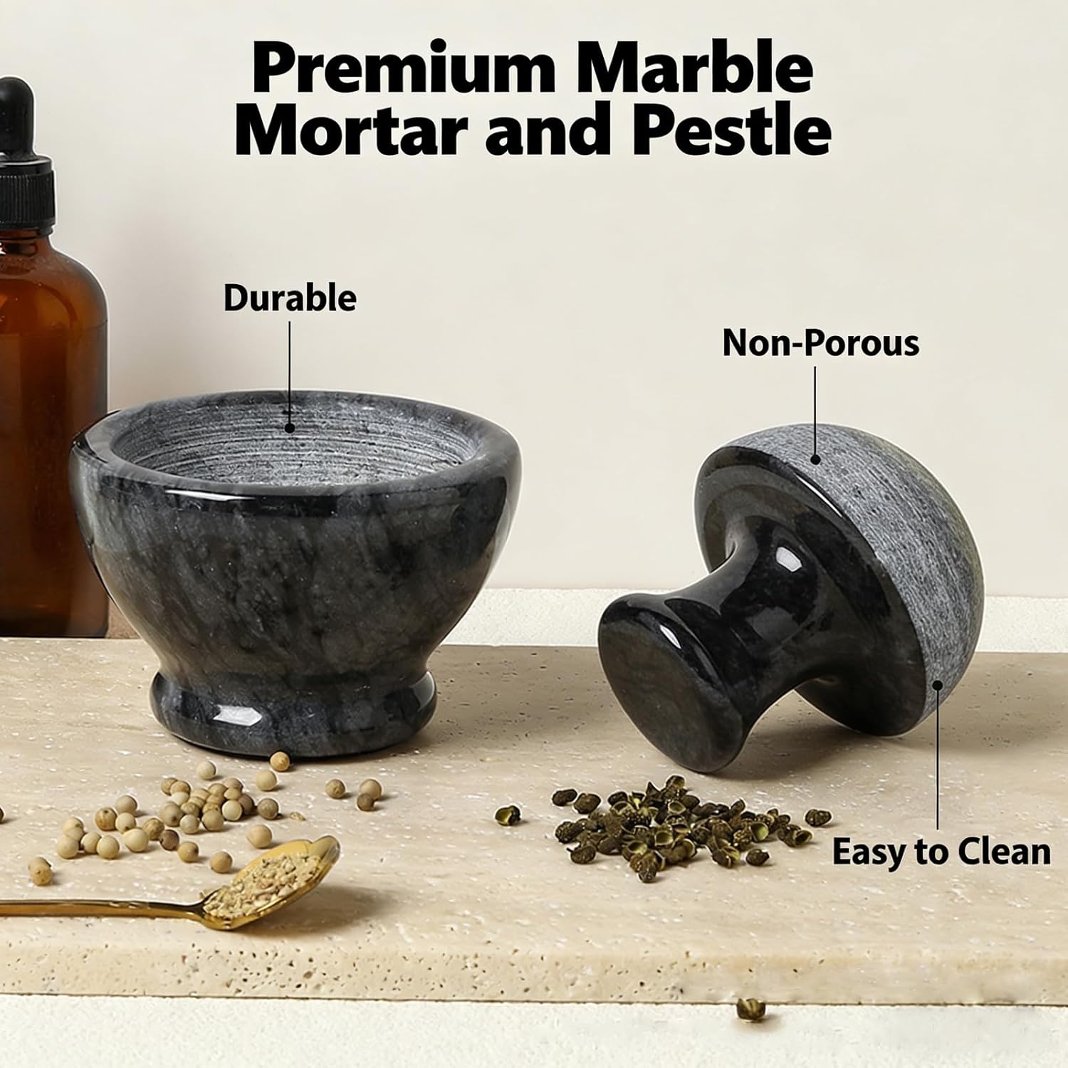 Pestle and Mortar Solid Stone Grinder Manual Pepper Tablets Mortar Bowl - Stylish Countertop Tool for Home Cooking Meal Prep