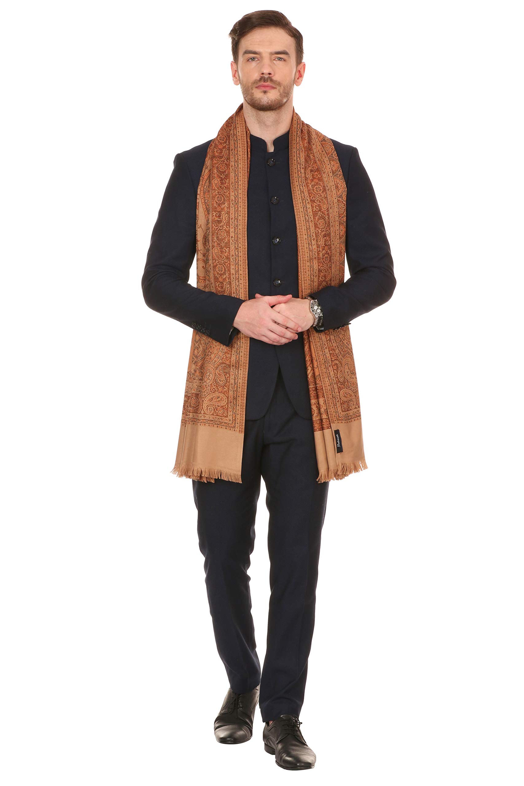 Pashtush Mens fine Soft Ethnic wool blended Stole, Jamawar design, Faux Pashmina (Natural Beige) 1