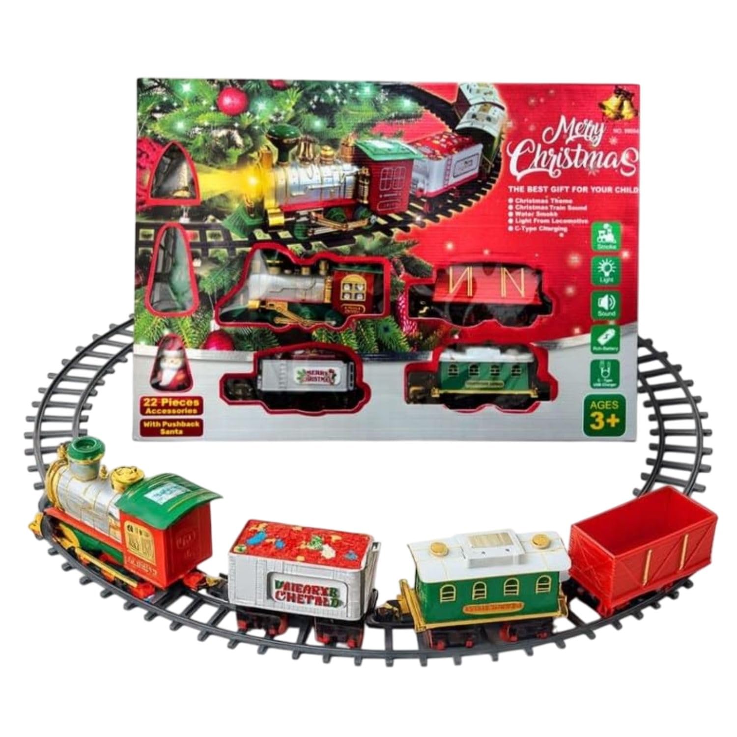 FunBlast Christmas Musical Train Set - 22 Pcs Electric Track Train with Real Water Smoke, Rechargeable Battery, LED Lights and Music, Santa, Bell & Tree Decoration Items for 3+ Years Kids, Boys, Girls