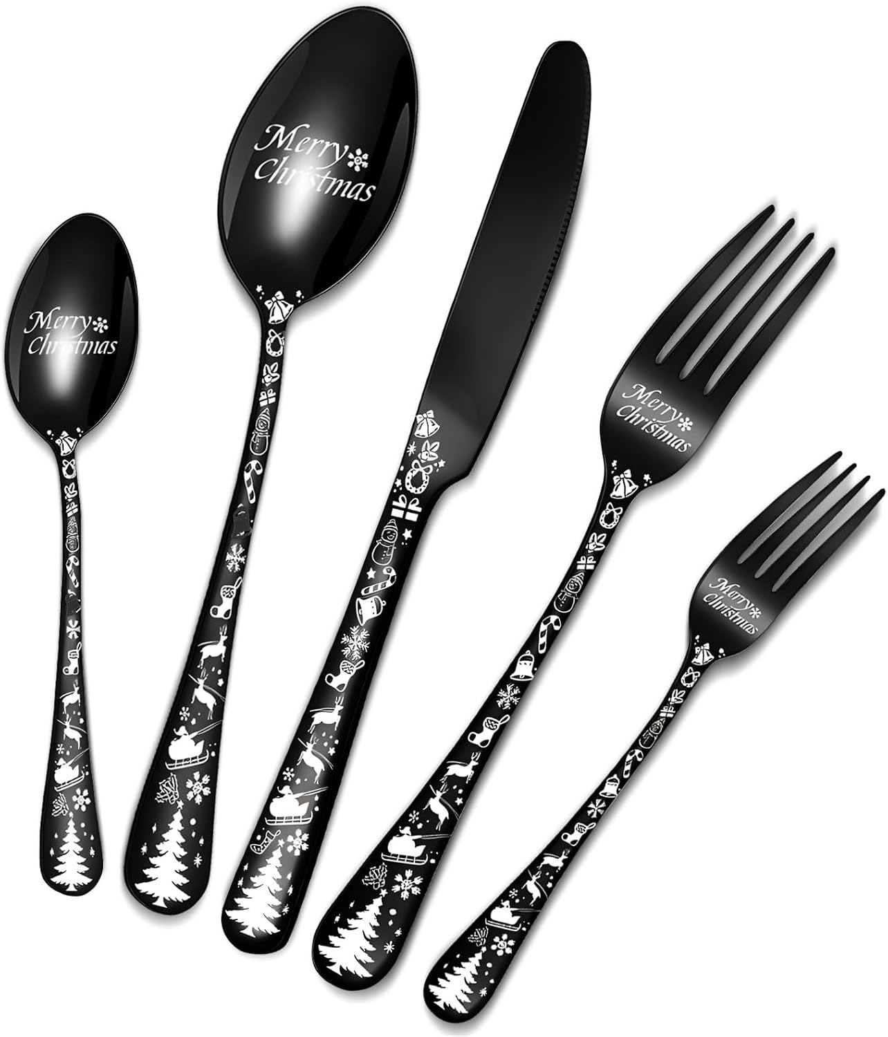 20-Piece Christmas Black Silverware Set, Stainless Steel Flatware Set for 4, Tableware Utensils Set with Black Spoons Forks Knives, Tableware Cutlery Set for Home Restaurant Party, Dishwasher Safe