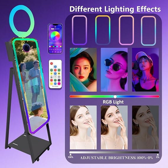 40'' Magic Mirror Photo Booth,21.5'' Interactive Touch Screen,Built-in Mini PC,RGB Light and Sharing for Event Party Wedding Rental (Black, Photo Booth Machine)