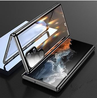 Safety Lock Galaxy S23 Ultra Case Magnetic Adsorption Shockproof Aluminum Bumper Double Sided Tempered Glass Case for Galaxy S23 Ultra 6.8 inch 2023 Black