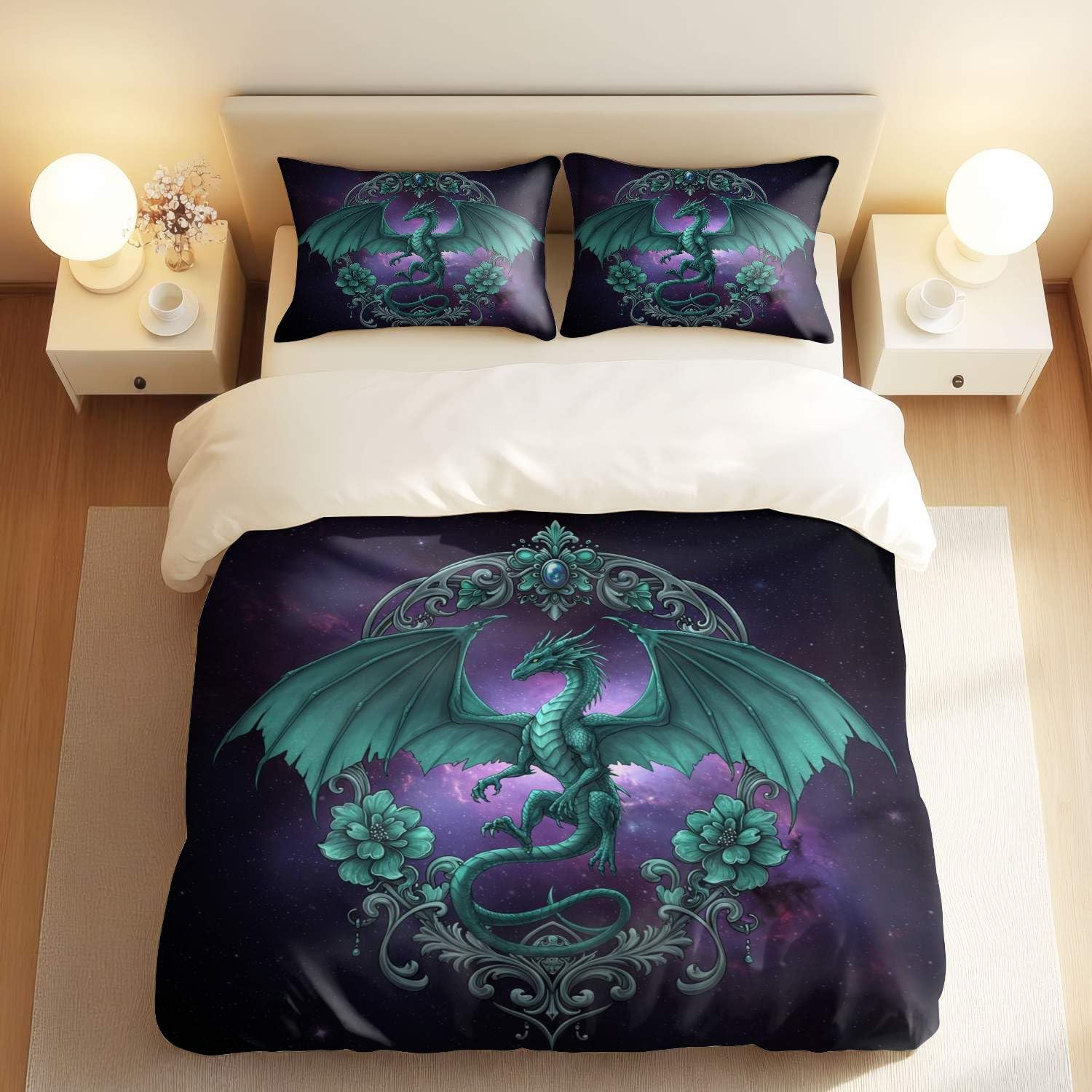 Housse de couette dragon émeraude parure de lit double motif 3D ado