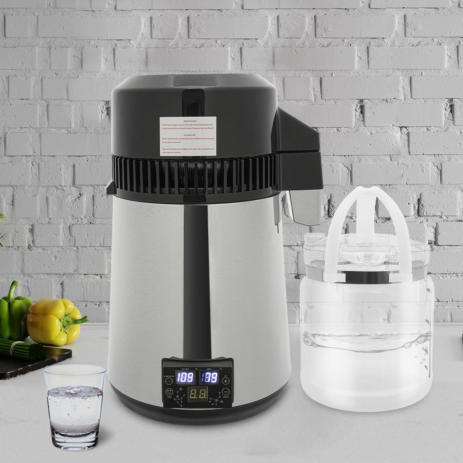 Destilador de agua 4 L 800 W de acero inoxidable con depósito | Pantalla LED, ajuste de 1 a 10 h, temperatura ambiente-106 °C, apagado automático, protección en seco, casa oficina
