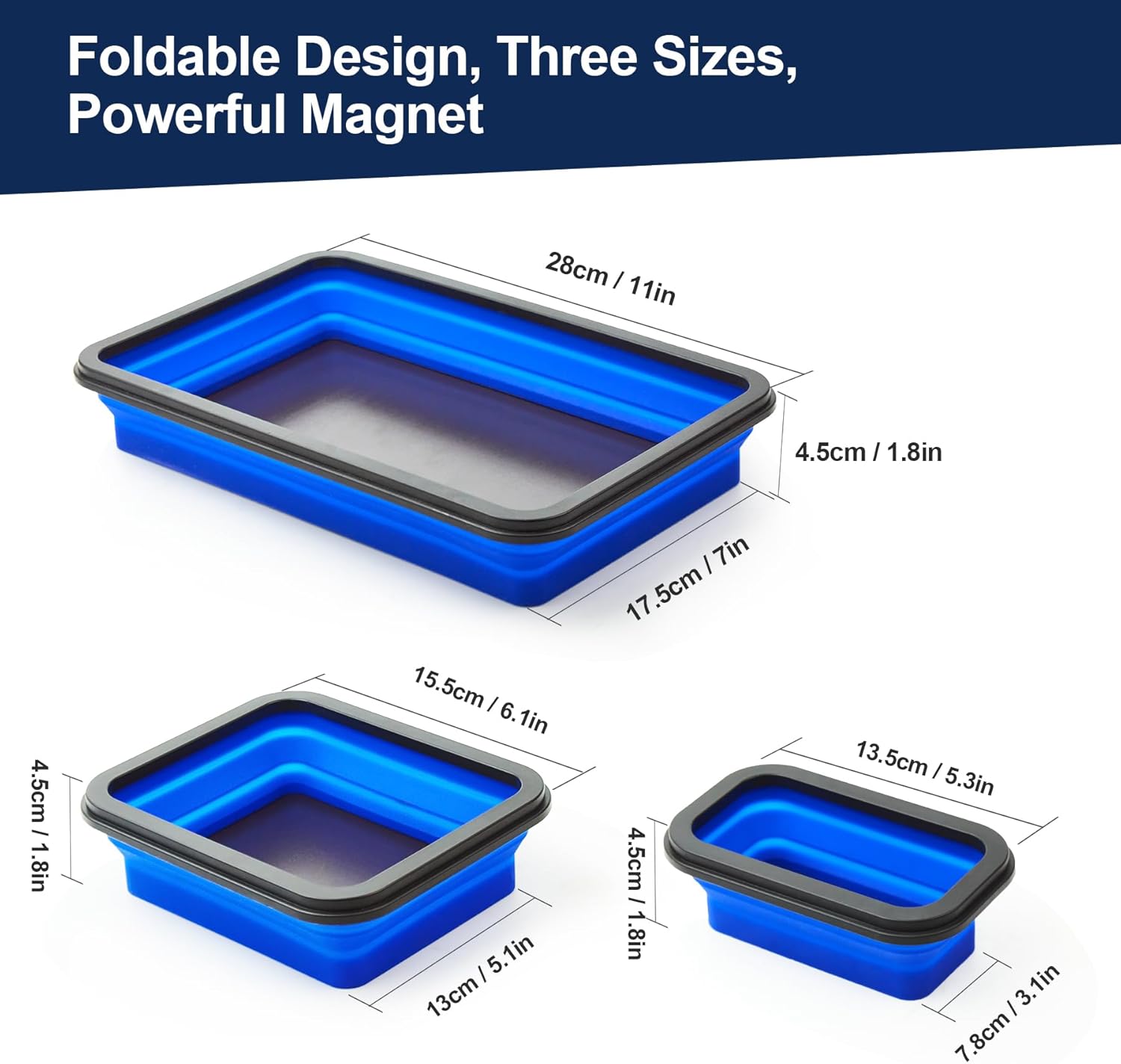 Collapsible Magnetic Parts Tray Set Foldable Magnetic Tray 3 Different Size Silicone Tool Trays for Screw, Bolts,Nuts,with Magnetic Base Stores and Organizes Small Parts and Tools