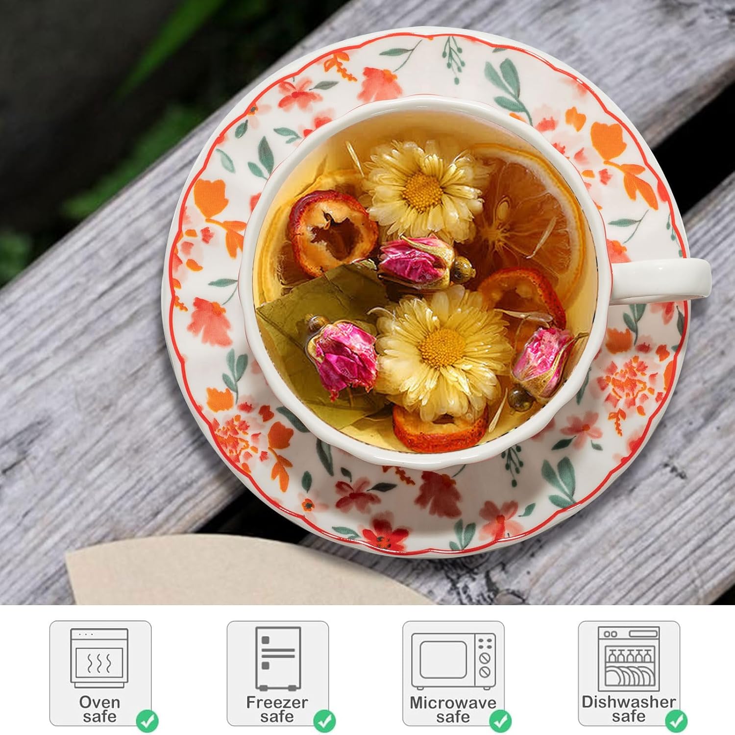 Cups and Saucers Coffee Tea Cups Set of 2 (7.4 oz/ 220ml) Ceramic Cup Espresso Mug Floral Porcelain Vintage Flower Pattern for Gifts, Gatherings, Receptions,Breakfast, Home - Image 5