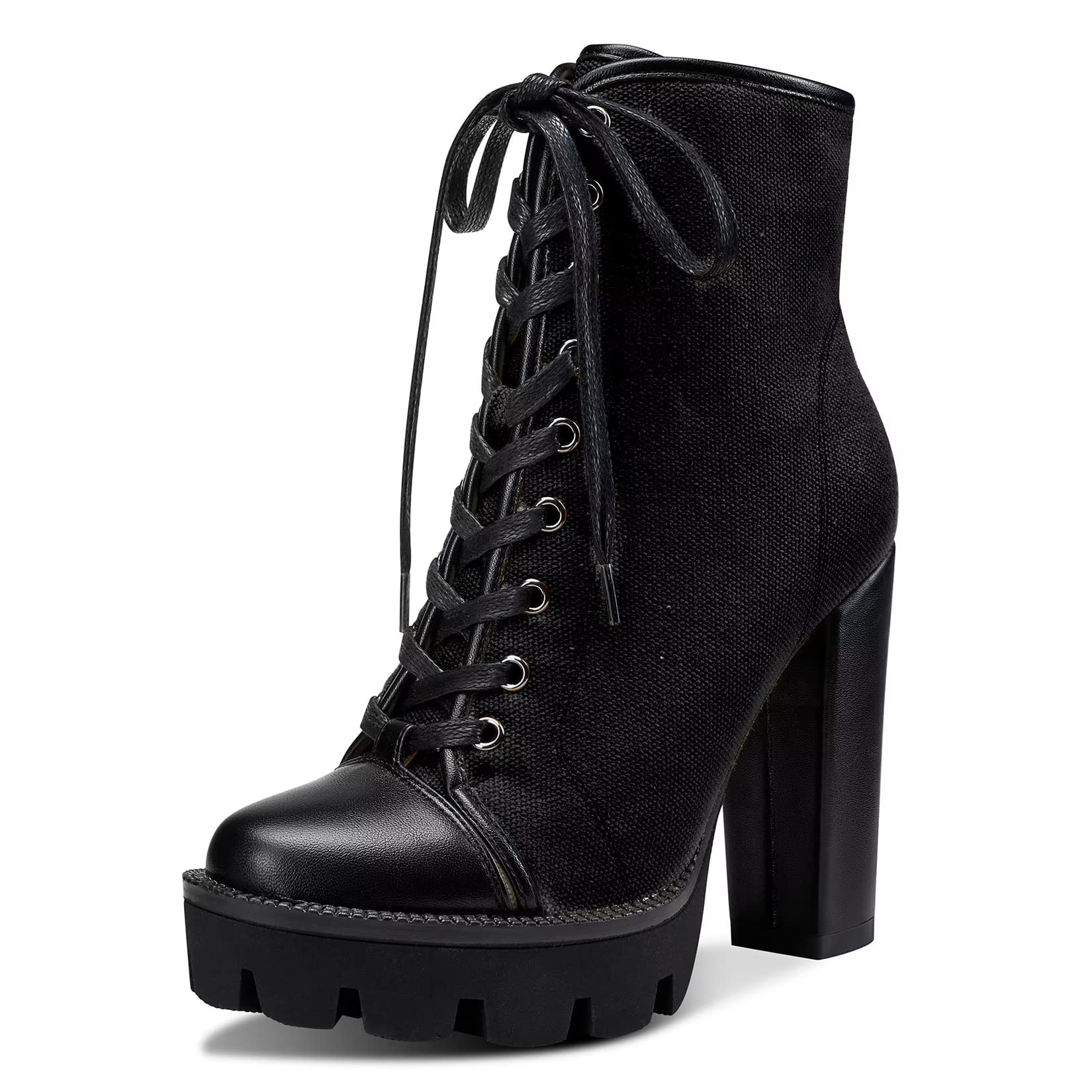NobleOnly Mujer Alto High Heel Plataforma Redonda Punta Botines Cremallera Cordones Montar Botas Clásico Fiesta Oficina 13 CM Heels