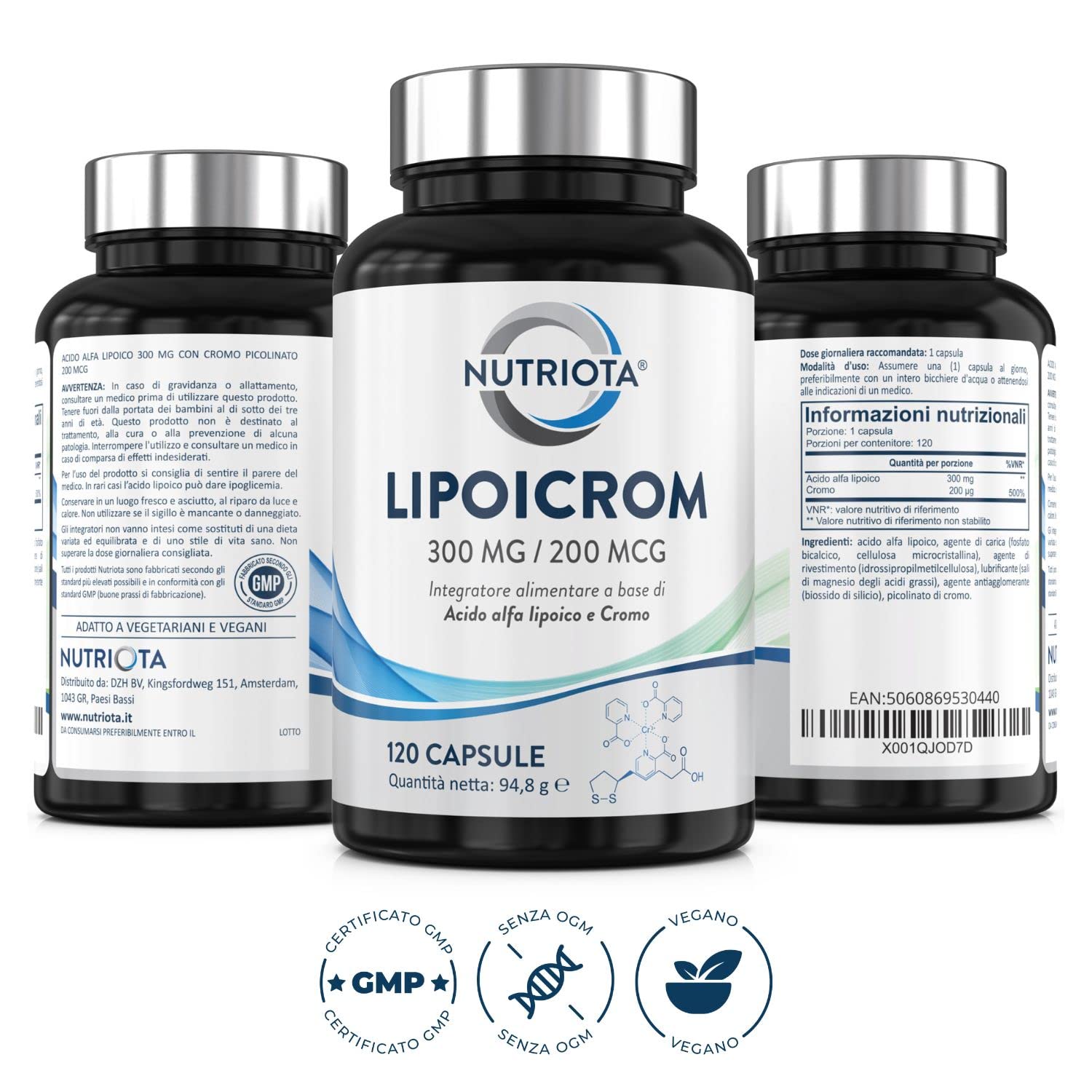 Nutriota Acido alfa lipoico 300 mg con cromo picolinato 200 mcg 120 capsule integratore alimentare