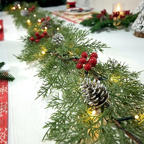 Miniatura 7 de Guirnalda de luces de Navidad preiluminadas, 40 LED, funciona con pilas, con temporizador, bayas rojas, piña, ciprés, pino, corona, decoraciones de