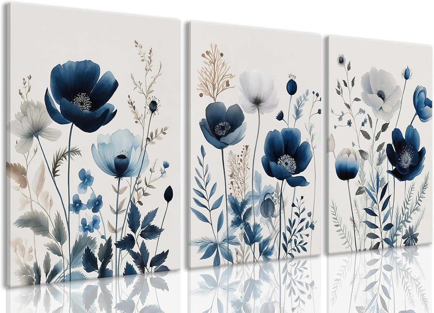 BingruiArt Navy Blue Canvas Wall Art Blue and Gray Boho Flower Wall Decor Floral Watercolor Art Prints Pictures Painting for Living Room Bedroom Bathroom 3Pcs 16x24in Framed