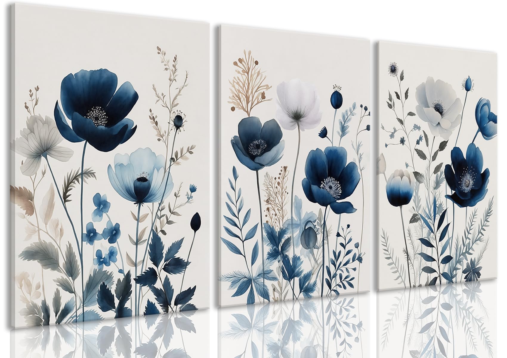 BingruiArt Navy Blue Canvas Wall Art Blue and Gray Boho Flower Wall Decor Floral Watercolor Art Prints Pictures Painting for Living Room Bedroom