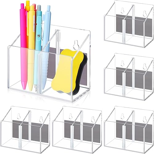 Paquete de 6 soportes magnéticos acrílicos para rotuladores, para pizarra blanca, imán de borrado en seco, 2 compartimentos con separadores