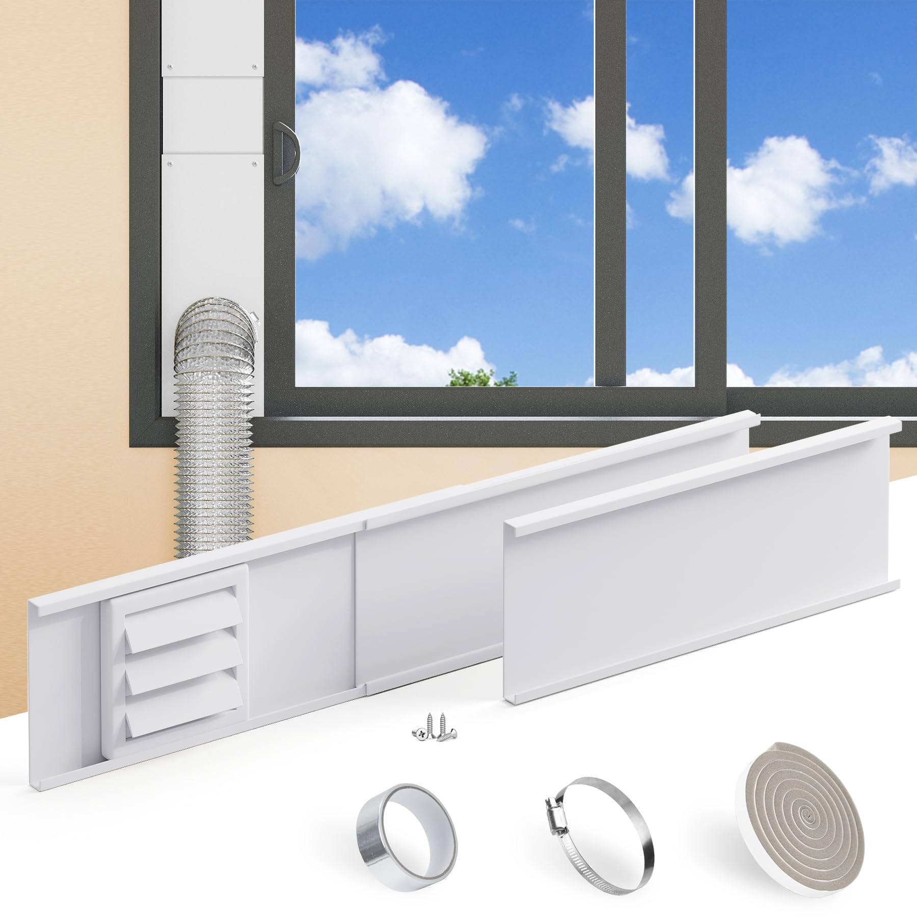 Dryer Vent Window Kit for 4in Dryer Vent Hose, with Self-closing Dryer Vent Cover with Screen, Adjustable Window Vent Kit for Sliding Windows and Hung Windows Maximum 47inch