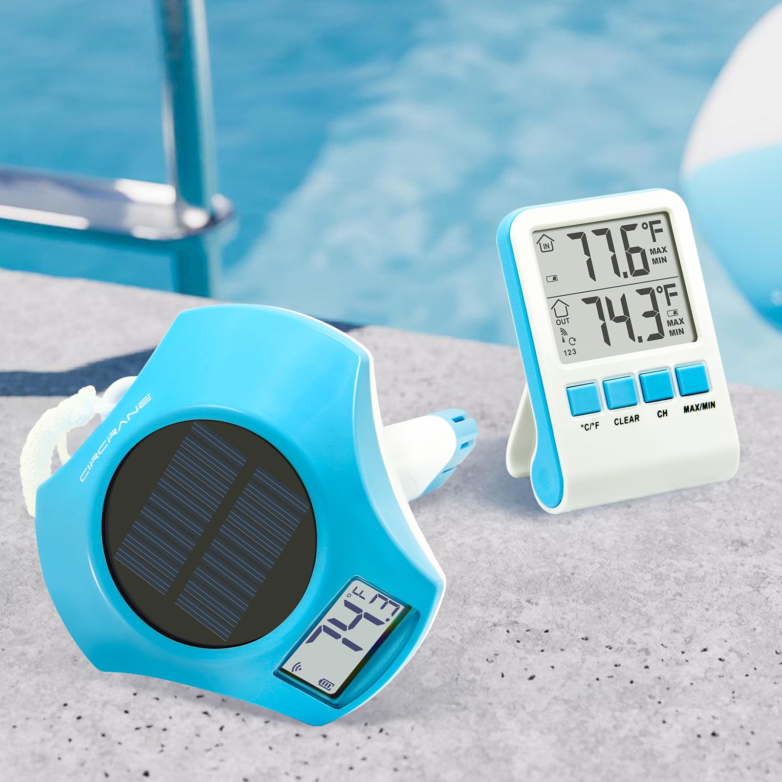 Circrane Solar Wireless Pool Thermometer, Easy Read Digital Floating Thermometer, IPX8 Water Proof, Solar Powered with 150 Days Battery Life for Hot Tub/Ice Bath/Swimming Pool/Aquarium, Blue