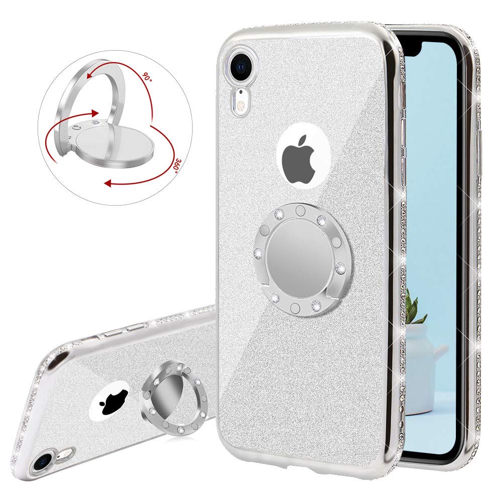 YiCTe Glitter Case for iPhone X/Xs [Not for iPhone Xs Max],Luxury Bling Diamond Sparkle Rhinestone Plating Cover with 360 Degree Ring Kickstand Shockproof Ultra Thin Soft TPU Silicone Case,Silver