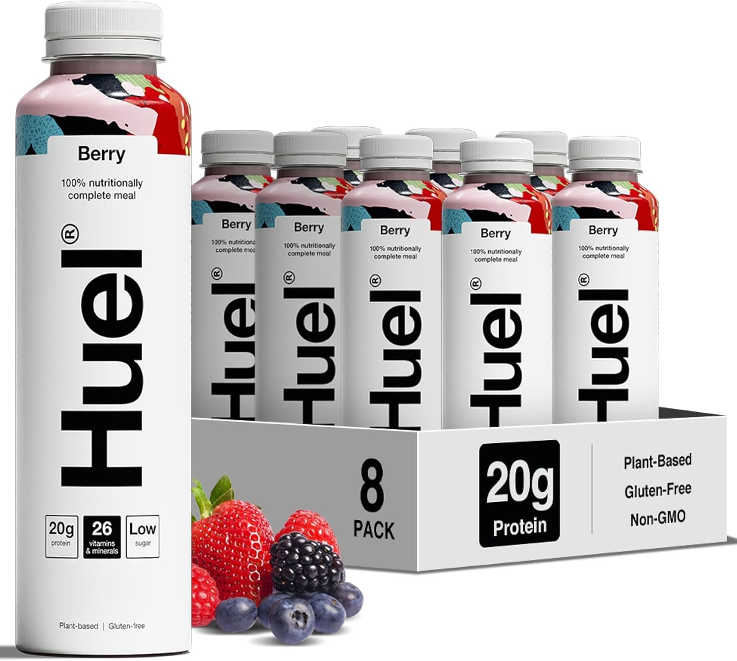 Huel Drink Berry, fertige Trinkmahlzeit für unterwegs - 8 x 500 ml - 20 g Protein, Reich an Vitaminen, Mineralstoffen & Ballaststoffen, Plant-based, Geschmack Beere, inkl. 2 € Pfand