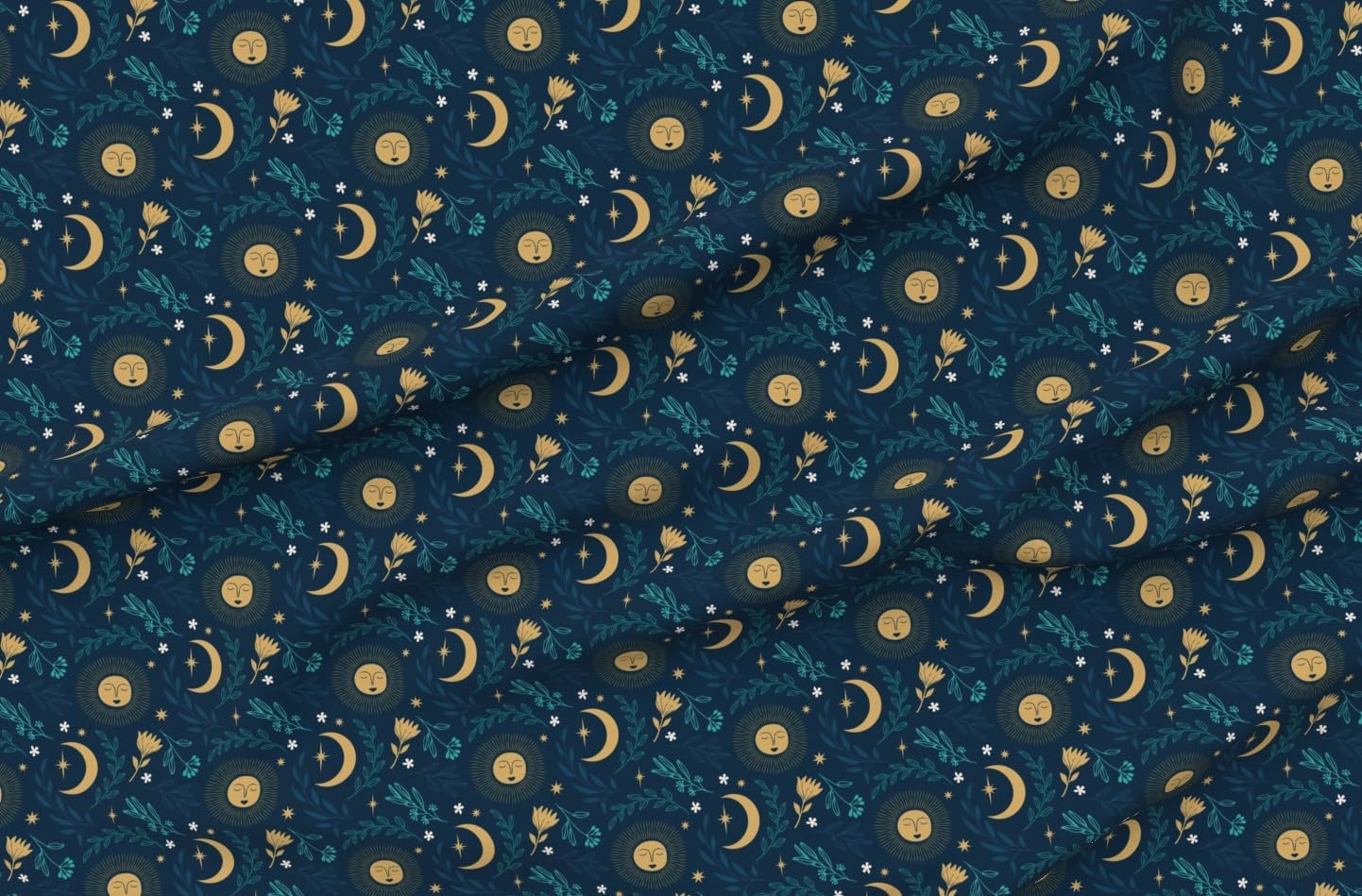 Spoonflower Fabric - Boho Sky Teal Blue Flowers Yellow Sun Moon Stars Celestial Printed on Petal Cotton Fabric Fat Quarter - Sewing Quilting Apparel Crafts Decor