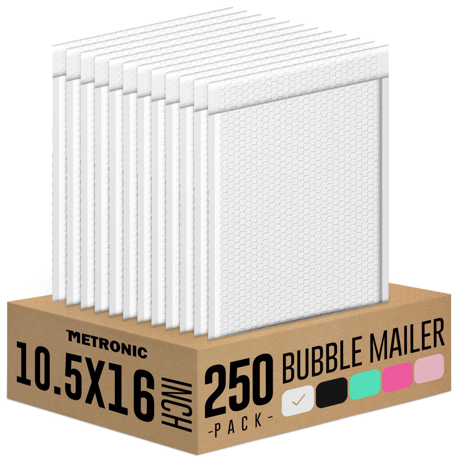 Metronic Large Bubble Mailers 10.5x16 Inch 250 Pack White Padded Envelopes