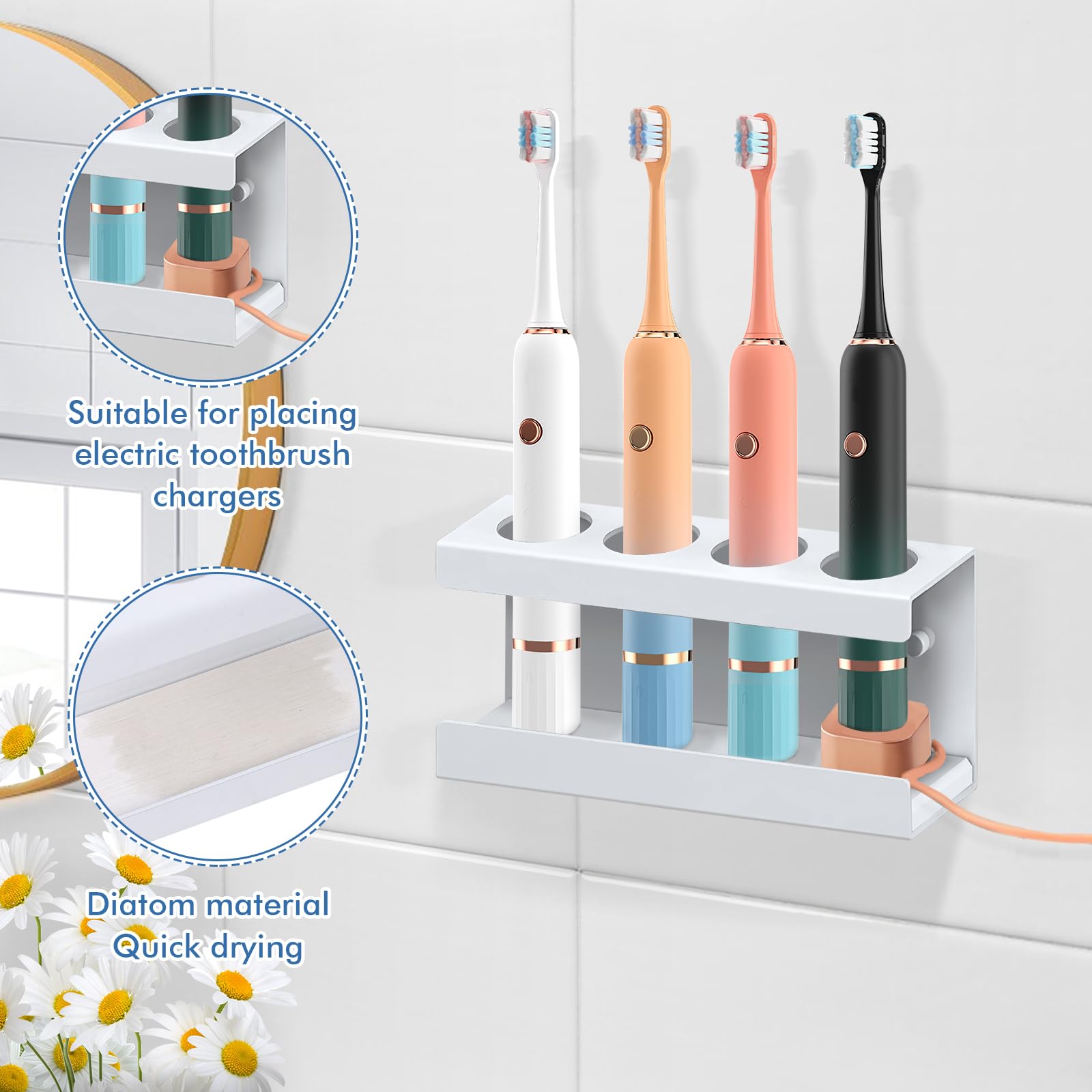 Minicoco Electric Toothbrush Holder Wall Mounted White Toothbrush Holders for Bathroom 4 Slots Electric Toothbrush Stand with Diatomite Dish,Suitable for Placing Electric Toothbrush Holder Charger - Image 2