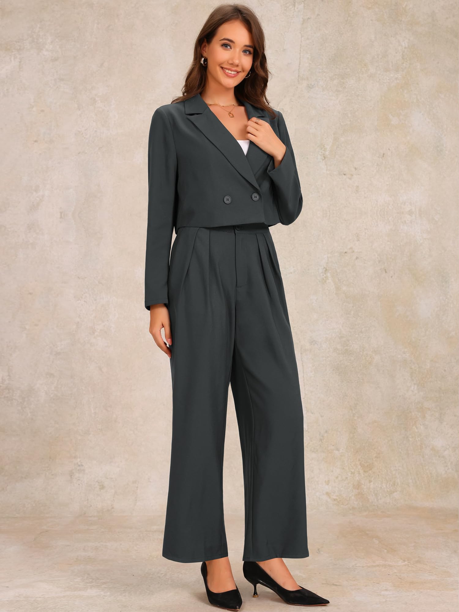 Allegra K Femme Ensemble Veste Croisée Pantalon Large 2 Pièces | Poches Latérales Revers Crantés Veste Courte Pantalon Large Habillé Bureau Rendez Vous Mariage Fête