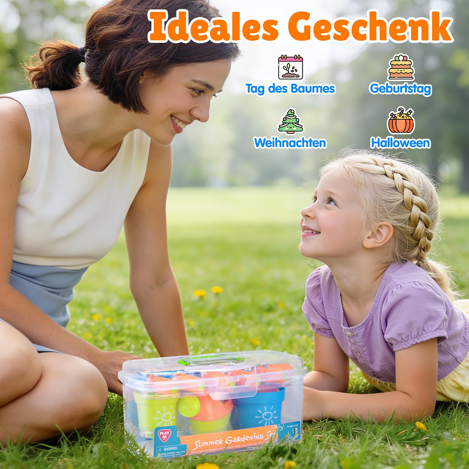PLAY Gartenwerkzeug Kinder Set,Gartengeräte mit Schaufel, Gabel, Schere, Blumentopf, Gießkanne, Schild und Aufbewahrungsbox, Gartenset Kinder für Kinder ab 3 Jahren