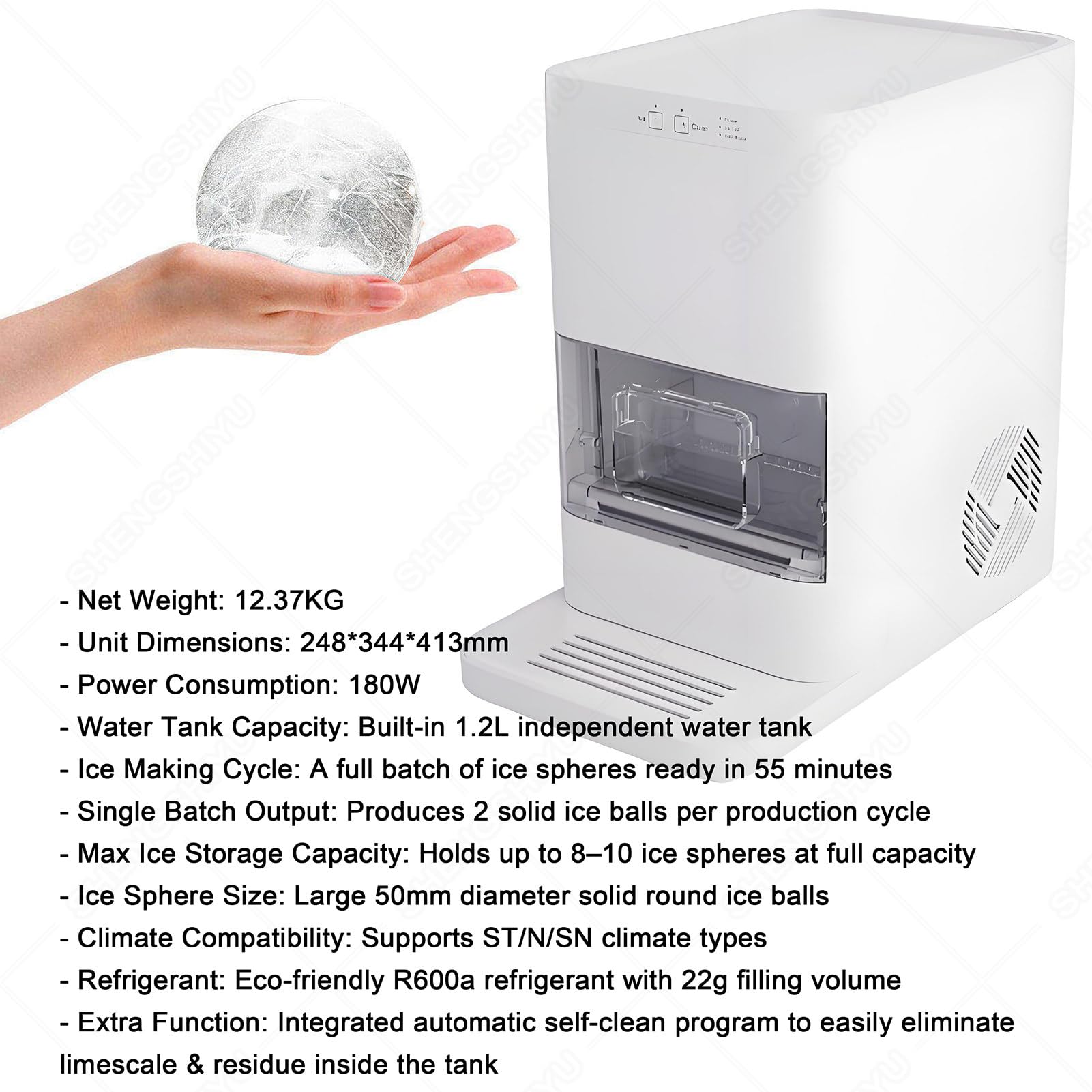 Macchina Ghiaccio Casa Piccola,Fabbricatore Ghiaccio Professionale Bar,Serbatoio Acqua Integrato da 1,2L, Produce 2 Palline di Ghiaccio Piene da 50mm per Ciclo, Pulizia Automatica White