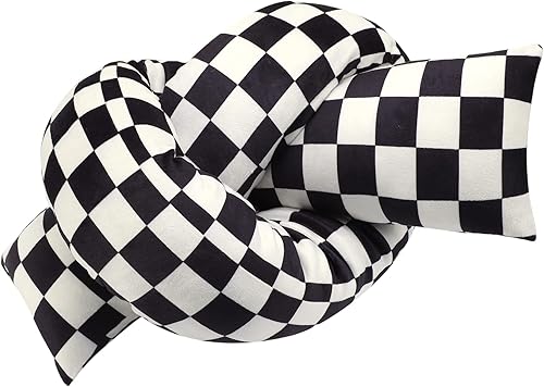 Almohada decorativa grande de nudo, almohada larga para cama, sofá, almohada anudada, almohada redonda a cuadros negros (63 x 6.5 pulgadas)