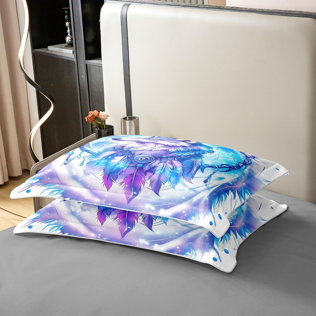 Homewish Ropa de cama de algodón con diseño de lobo, color azul y lila, diseño de atrapasueños, 135 x 200 cm