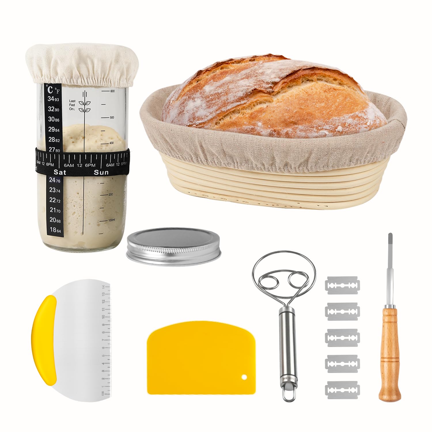 7-Teiliges Sauerteig Starter Set: 25cm Oval Gärkorb Brot Set + 650ml Sauerteig-Starterglas, Komplettset Brot Backen Zubehör,Perfekt für Hobby- & Profibäcker