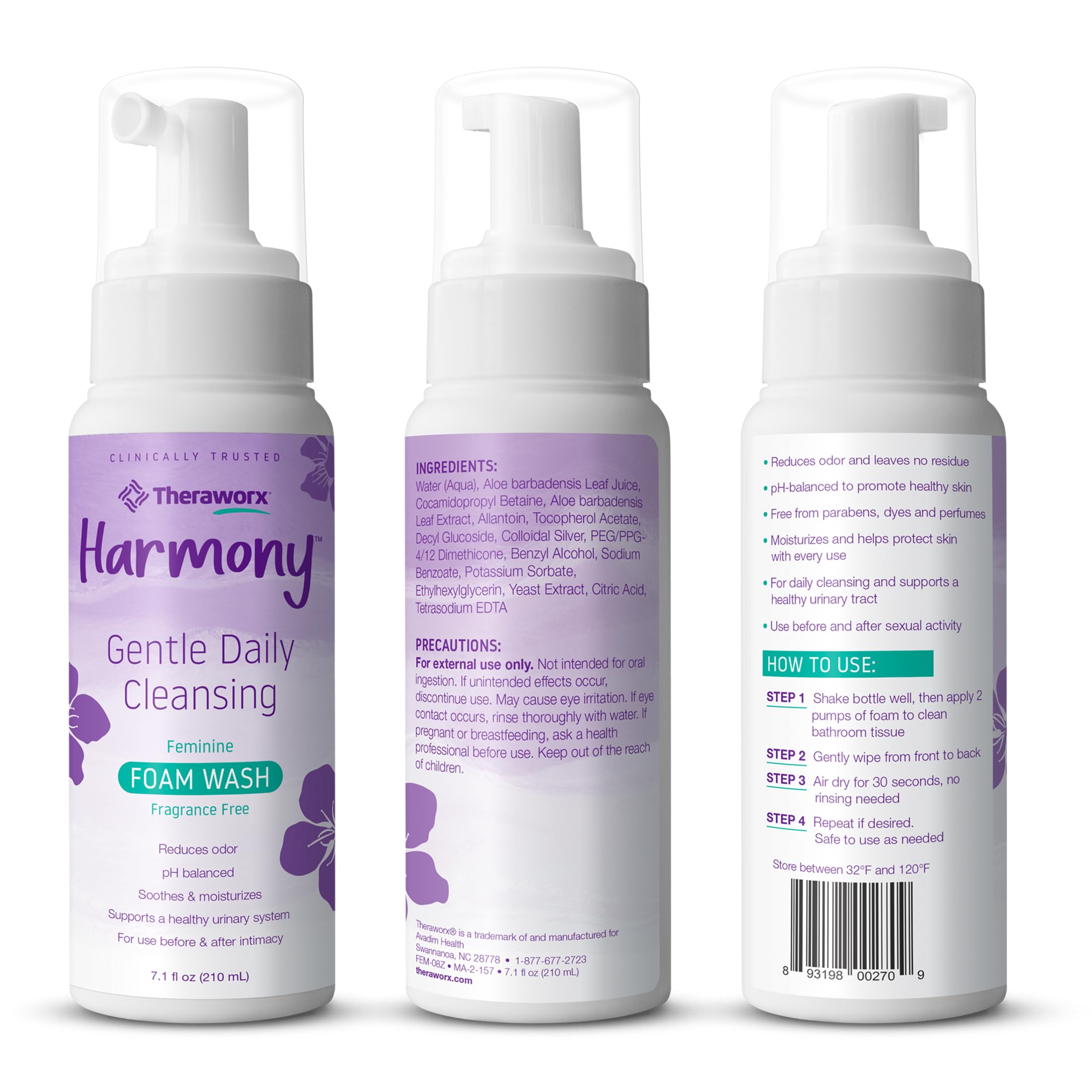 Theraworx Harmony Daily Feminine Care Foam, Gentle Daily Cleansing Fragrance Free, Reduces Odor, pH Balanced - 7.1 fl oz - 3 Count