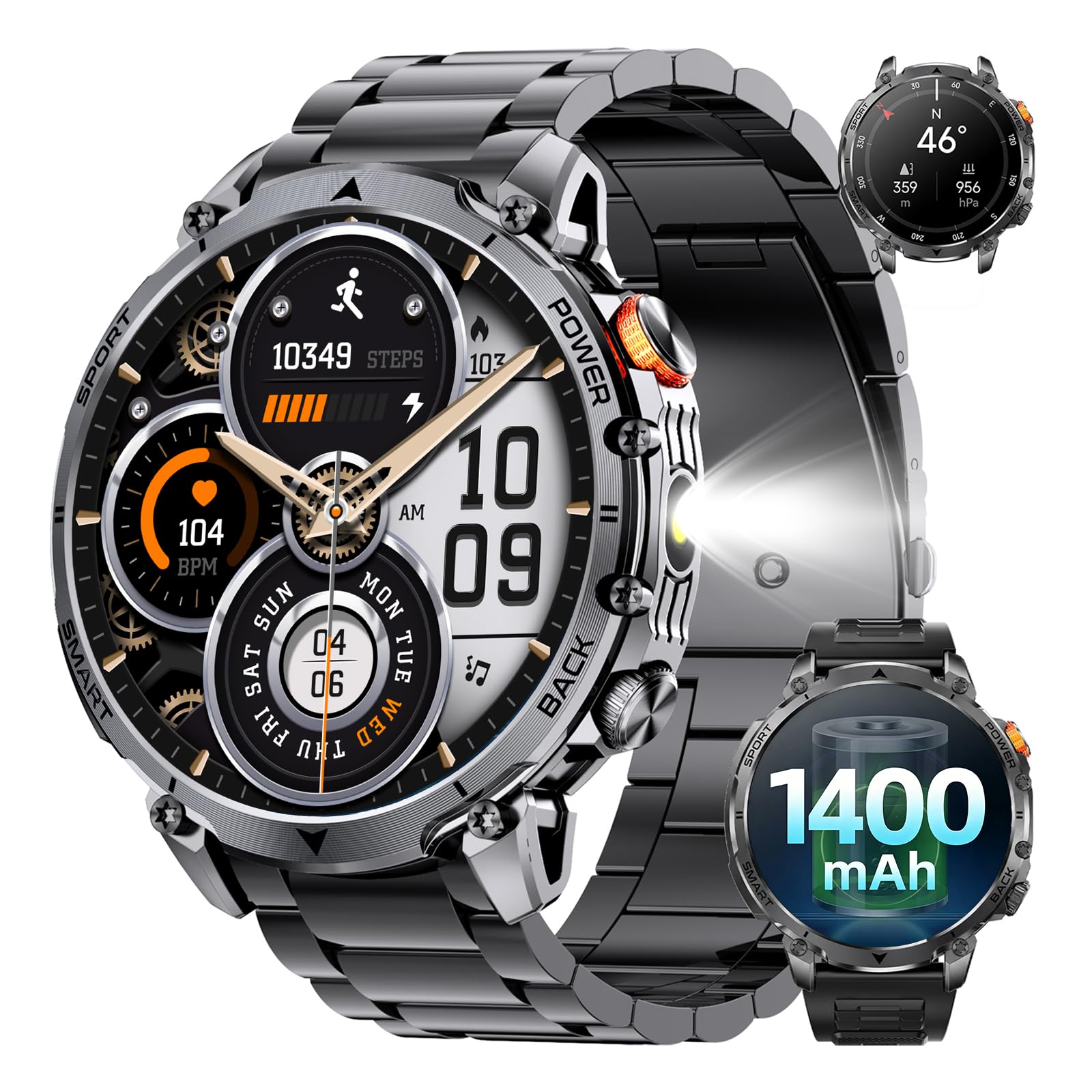 Smartwatch Uomo Militare, 1400mAh, 1.7"Orologio intelligente , 2 Cinturini | Torcia LED, Bussola, Chiamate Bluetooth, 100+ Modalità Sportive, Frequenza Cardiaca/Sonno/SpO2, Impermeabile IP68 iOS Android